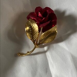 Cerrito Gold Plated Enamel Rose Brooch Symbol of Love Vtg Red Flower Pin Signed